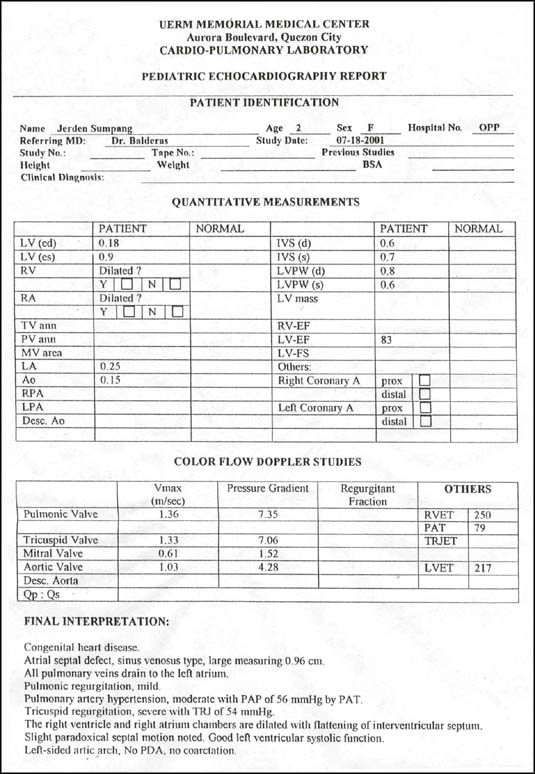 UERM Memorial Medical Center, Aurora Boulevard, Quezon City, Philippines. Cardio-Pulmonary Laboratory. Pediatric Echocardiography report. Color flow doppler studies & final interpretation