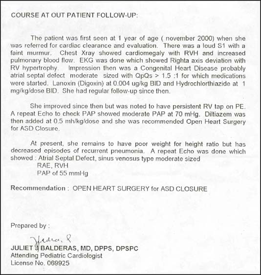 Recommendation: "Open Heart Surgery for ASD Closure". Scanned document.