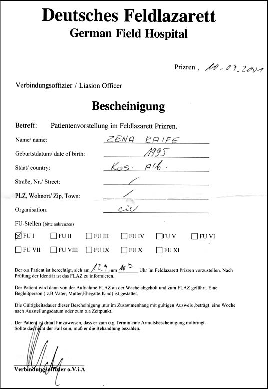 Deutches Feldlazarett, "FLAZ", Prizren, Kosovo - Beschenigung - Arife Zejna,  Born 07.30 PM, May 2, 1995