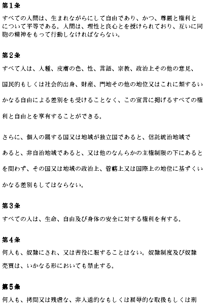 The Articles 1-5, Japanese version of the Universal Declaration of Human Rights, UDHR